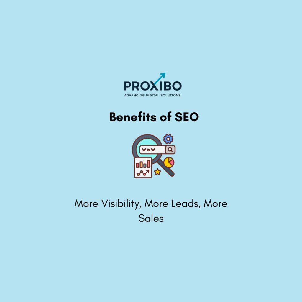 Benefits of SEO showing increased traffic, higher rankings, better visibility, leads, and long-term business growth