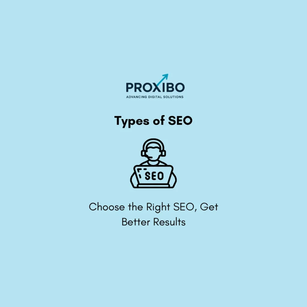 Types of SEO infographic showing on-page, off-page, technical, and local SEO explained for better rankings and website growth